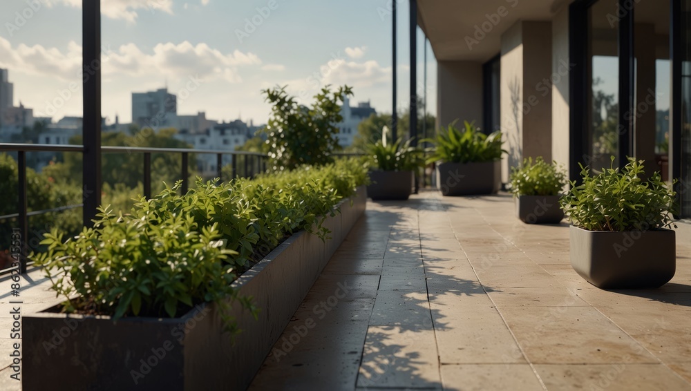 Fototapeta premium The serene beauty of a vacant outdoor terrace, featuring a minimal style complemented by potted greenery.