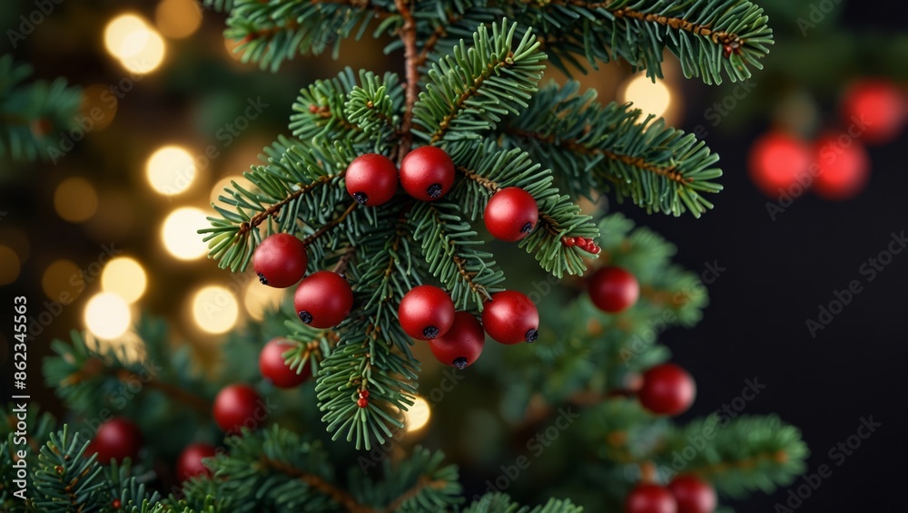 Christmas tree banches and red berries background.