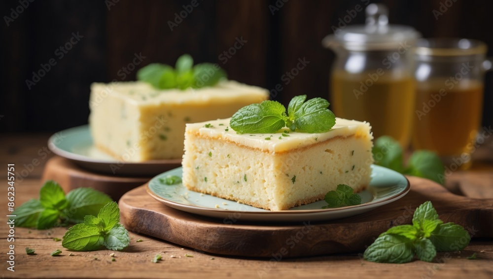 Three slices of homemade semolina cake on a wood vintage rustic table background with mint tea Overhead or top view composition with copy space. Three slices of homemade semolina cake on a wood vintage rustic table background with mint tea Overhead or top view composition with copy space.