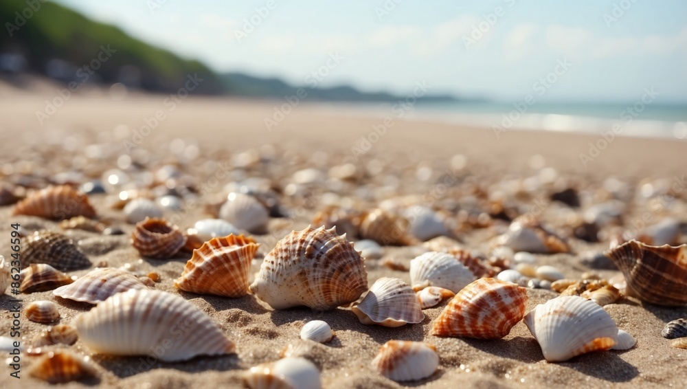 seashells on seashore - beach holiday background. seashells on seashore - beach holiday background.