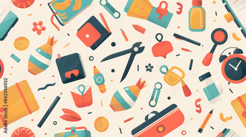 Cute school items and tools fill this seamless vector background. It's perfect for any school-related project! Cute school items and tools fill this seamless vector background. It's perfect for any school-related project!