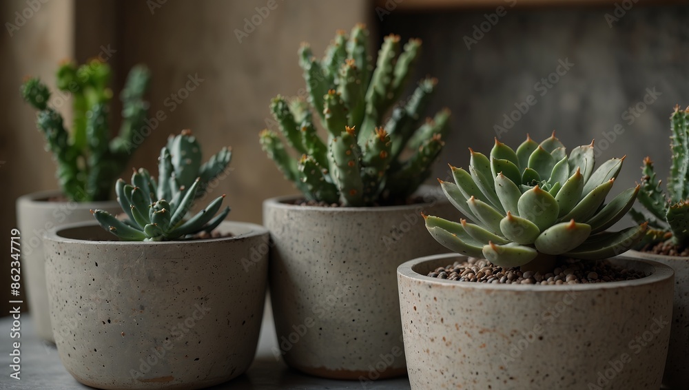 Various pots with succulent and cactus plants, close up of cute indoor plants in modern geometric concrete and ceramic pots, vertical background. Various pots with succulent and cactus plants, close up of cute indoor plants in modern geometric concrete and ceramic pots, vertical background.