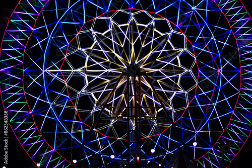Colorful led light decorating a traditional giant wheel at a night fair photo