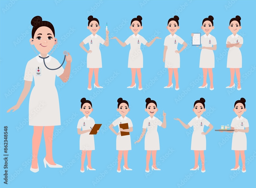 Set of Happy people in nurse uniform with different acting Set of Happy people in nurse uniform with different acting
