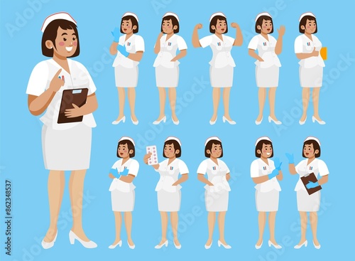 Set of Happy people in nurse uniform with different acting