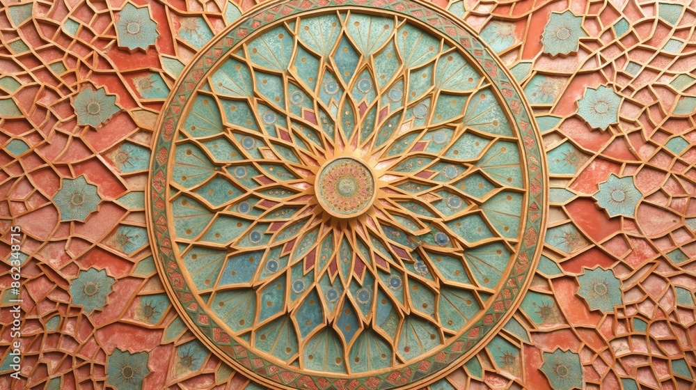 A close-up view of a beautiful, intricately designed ceiling in a Moroccan palace A close-up view of a beautiful, intricately designed ceiling in a Moroccan palace