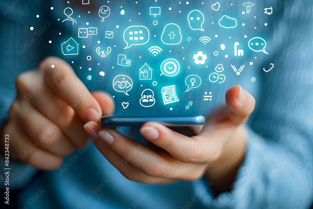 Person using a smartphone with social media, communication, and technology icons above, representing digital interaction and connectivity. Person using a smartphone with social media, communication, and technology icons above, representing digital interaction and connectivity.
