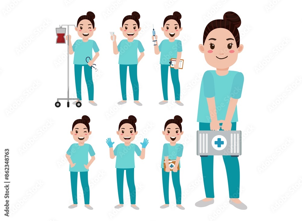Set of Happy people in nurse uniform with different acting Set of Happy people in nurse uniform with different acting