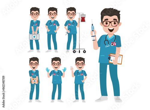 Set of Happy people in nurse uniform with different acting