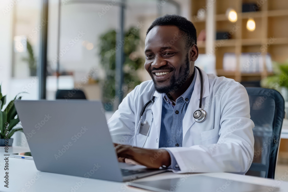 A smiling doctor is sitting at a desk with a laptop in front of him, virtual consultation A smiling doctor is sitting at a desk with a laptop in front of him, virtual consultation