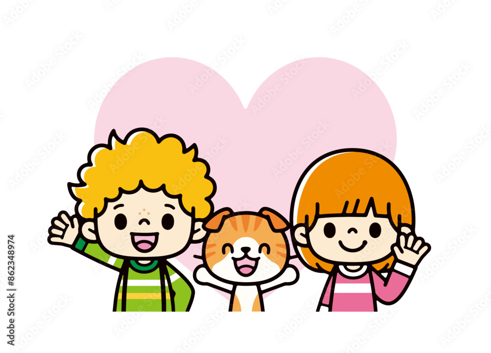 大きなハートの前で笑顔で手を振るかわいい子供たちとペットの猫のイラスト 大きなハートの前で笑顔で手を振るかわいい子供たちとペットの猫のイラスト