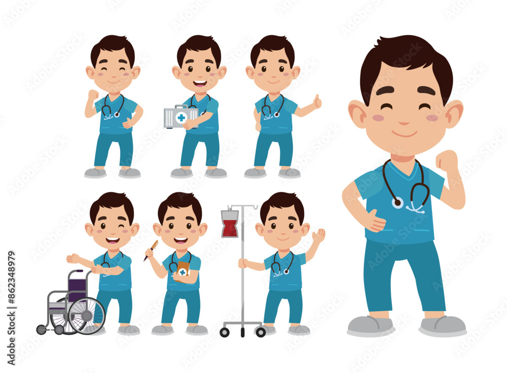 Set of Happy people in nurse uniform with different acting Set of Happy people in nurse uniform with different acting
