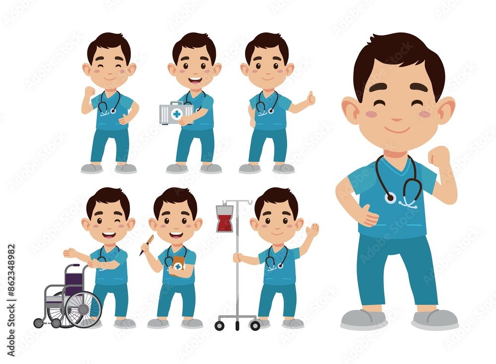 Set of Happy people in nurse uniform with different acting Set of Happy people in nurse uniform with different acting