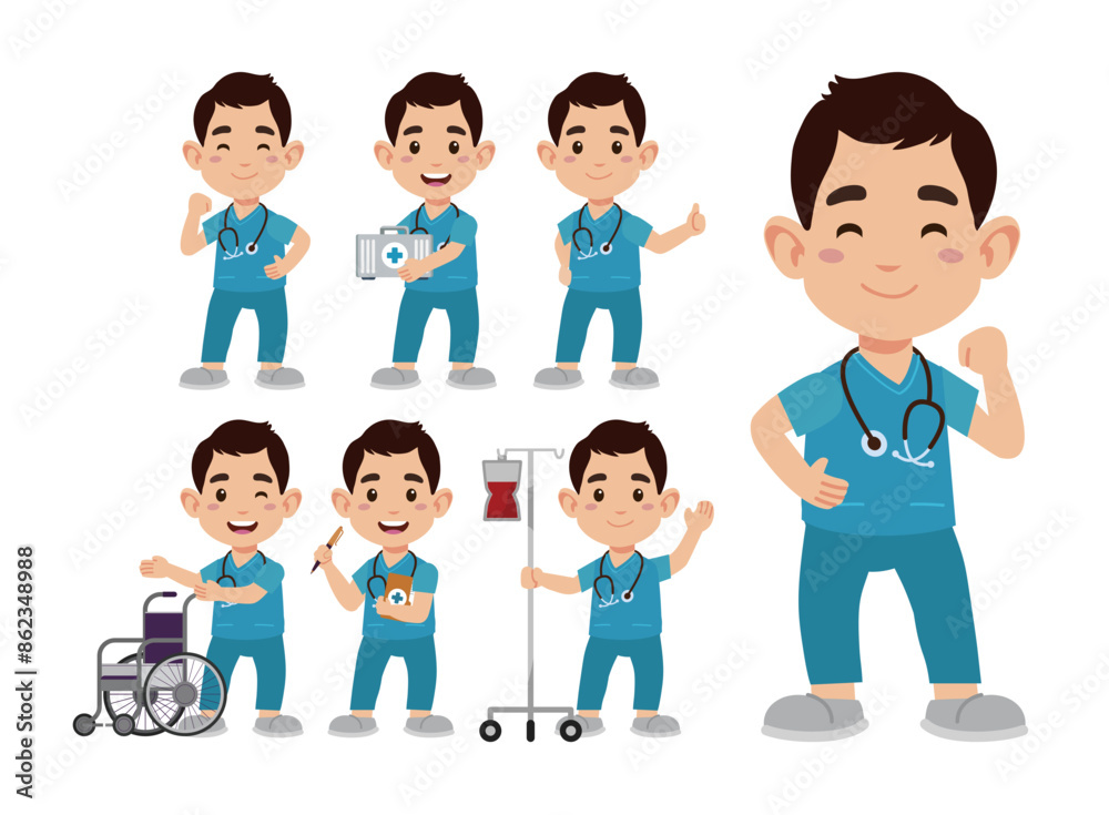 Set of Happy people in nurse uniform with different acting Set of Happy people in nurse uniform with different acting