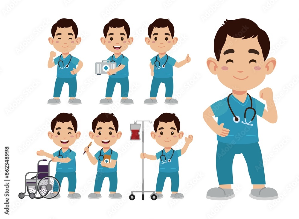 Set of Happy people in nurse uniform with different acting Set of Happy people in nurse uniform with different acting