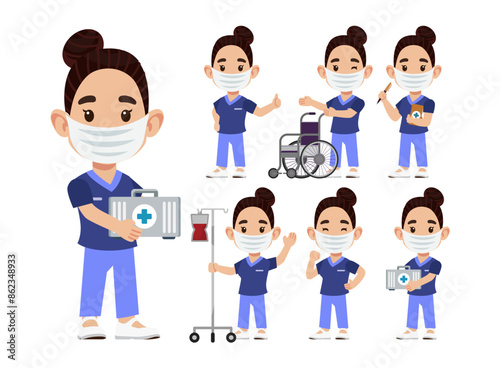 Set of Happy people in nurse uniform with different acting