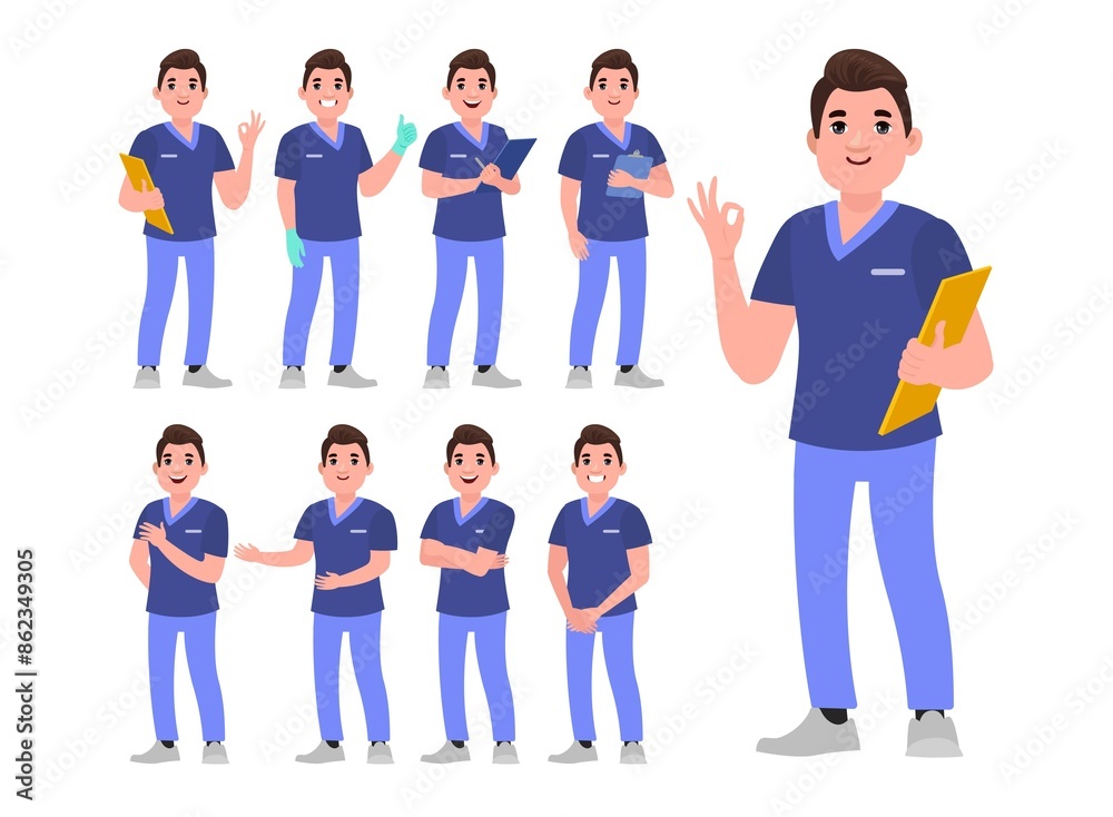 Set of Happy people in nurse uniform with different acting Set of Happy people in nurse uniform with different acting