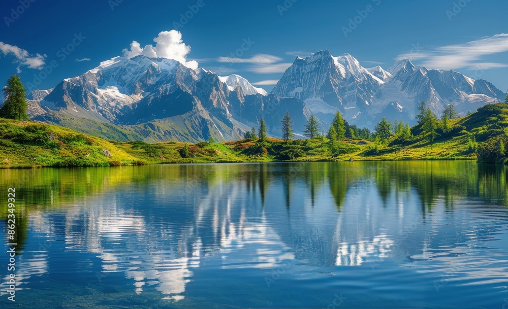 Naklejka premium Stunning View Of A Tranquil Lake And Snow-Capped Mountains On A Sunny Day