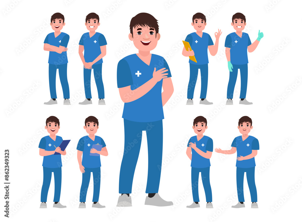 Set of Happy people in nurse uniform with different acting Set of Happy people in nurse uniform with different acting