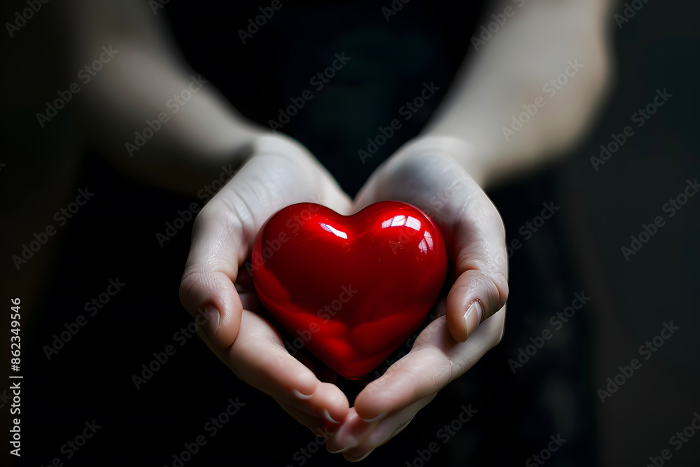 Hands gently holding a shiny red heart symbolizing love, care, and compassion on a dark background, conveying deep emotions and tenderness. Hands gently holding a shiny red heart symbolizing love, care, and compassion on a dark background, conveying deep emotions and tenderness.