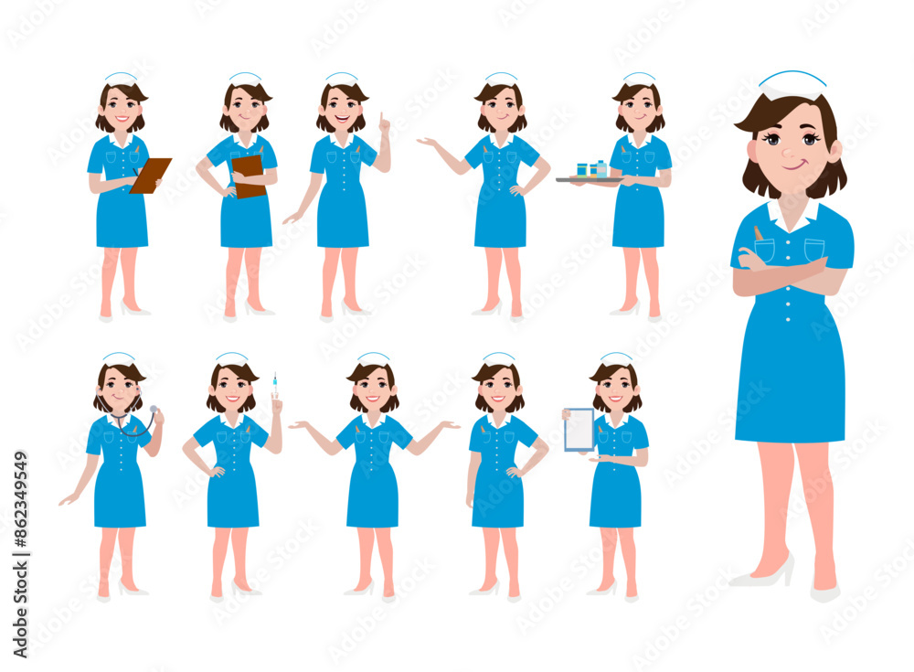 Set of Happy people in nurse uniform with different acting Set of Happy people in nurse uniform with different acting