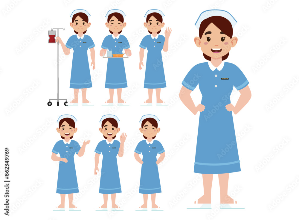 Set of Happy people in nurse uniform with different acting Set of Happy people in nurse uniform with different acting