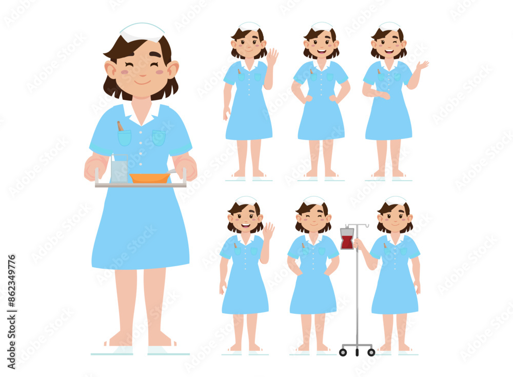 Set of Happy people in nurse uniform with different acting Set of Happy people in nurse uniform with different acting