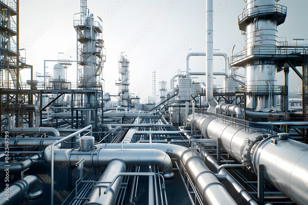 Industrial oil refinery with complex pipework and structures under a clear sky. Heavy industry concept emphasizing energy production. Industrial oil refinery with complex pipework and structures under a clear sky. Heavy industry concept emphasizing energy production.