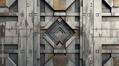A close-up image of a weathered metal panel with a geometric pattern