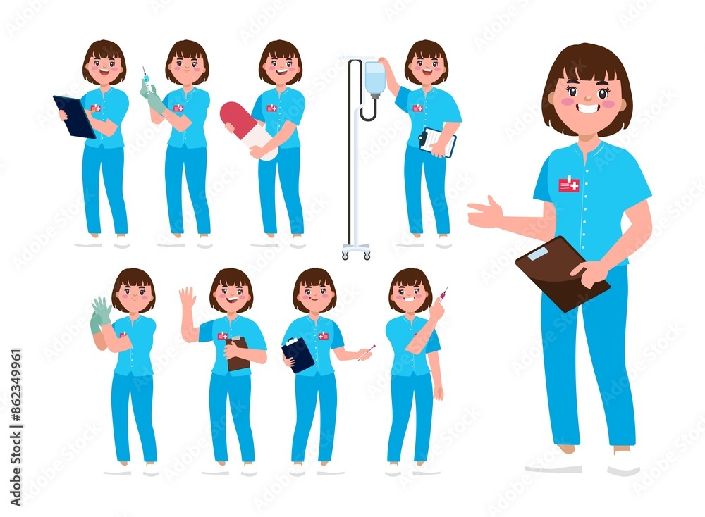 Set of Happy people in nurse uniform with different acting Set of Happy people in nurse uniform with different acting