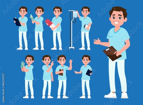 Set of Happy people in nurse uniform with different acting