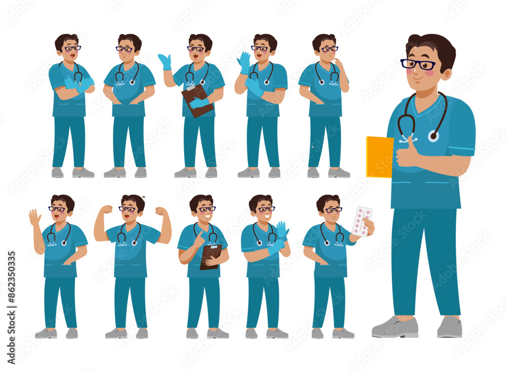 Fototapeta premium Set of Happy people in nurse uniform with different acting