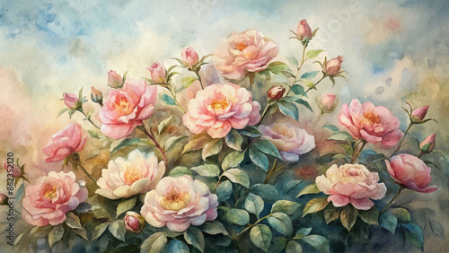 Wallpaper Mural Rustic wild rose bush watercolor background Torontodigital.ca