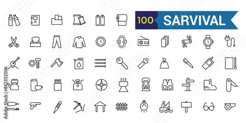 Survival icons set. Outline set of survival vector icons for ui design. Outline icon collection. Editable stroke.