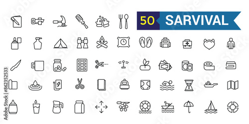 Survival icons set. Outline set of survival vector icons for ui design. Outline icon collection. Editable stroke.