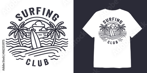 vintage surfing club line art illustration for t shirt design