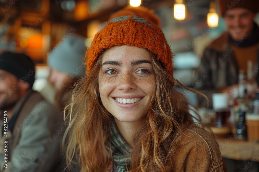 A young caucasian woman, smiling at the camera, wears a beanie and a brown-orange winter coat, enjoying a happy moment indoors with her friend. A young caucasian woman, smiling at the camera, wears a beanie and a brown-orange winter coat, enjoying a happy moment indoors with her friend.
