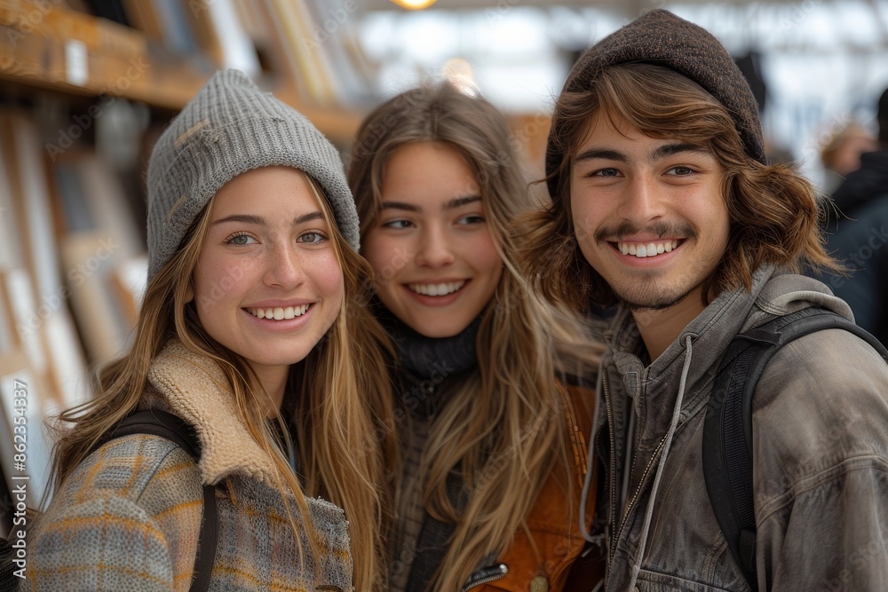 A young caucasian woman, smiling at the camera, wears a beanie and a brown-orange winter coat, enjoying a happy moment indoors with her friend. A young caucasian woman, smiling at the camera, wears a beanie and a brown-orange winter coat, enjoying a happy moment indoors with her friend.