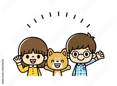 ペットの柴犬と笑顔で手を振るアジア人の子供たちのイラスト