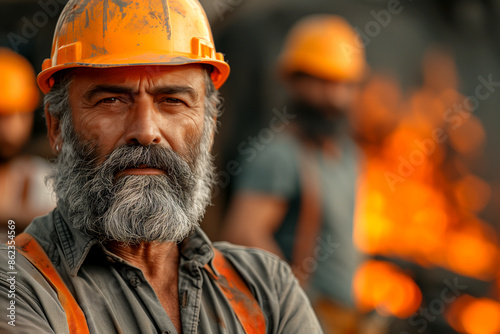 A man with a hard hat and a beard stands in front of a fire. He looks serious and focused © RedPanda