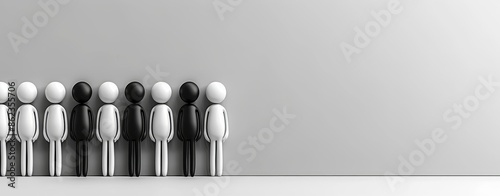 3D illustration of simple black and white human figures standing in line. This image is perfect for concepts related to individuality, being different, standing out, leadership, and diversity. photo