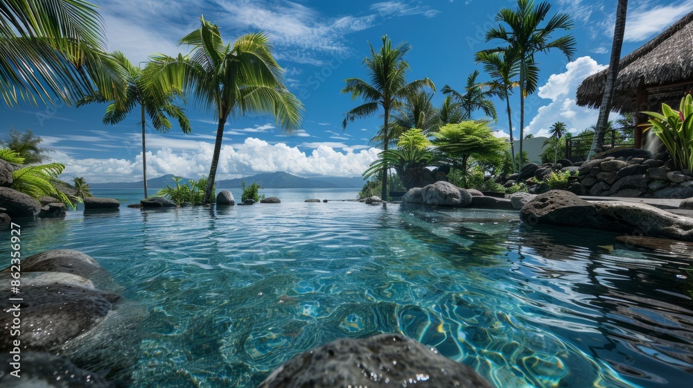 Fototapeta premium Infinity Pool OasisPalm Trees and Rocks in Tropical Paradise Landscape