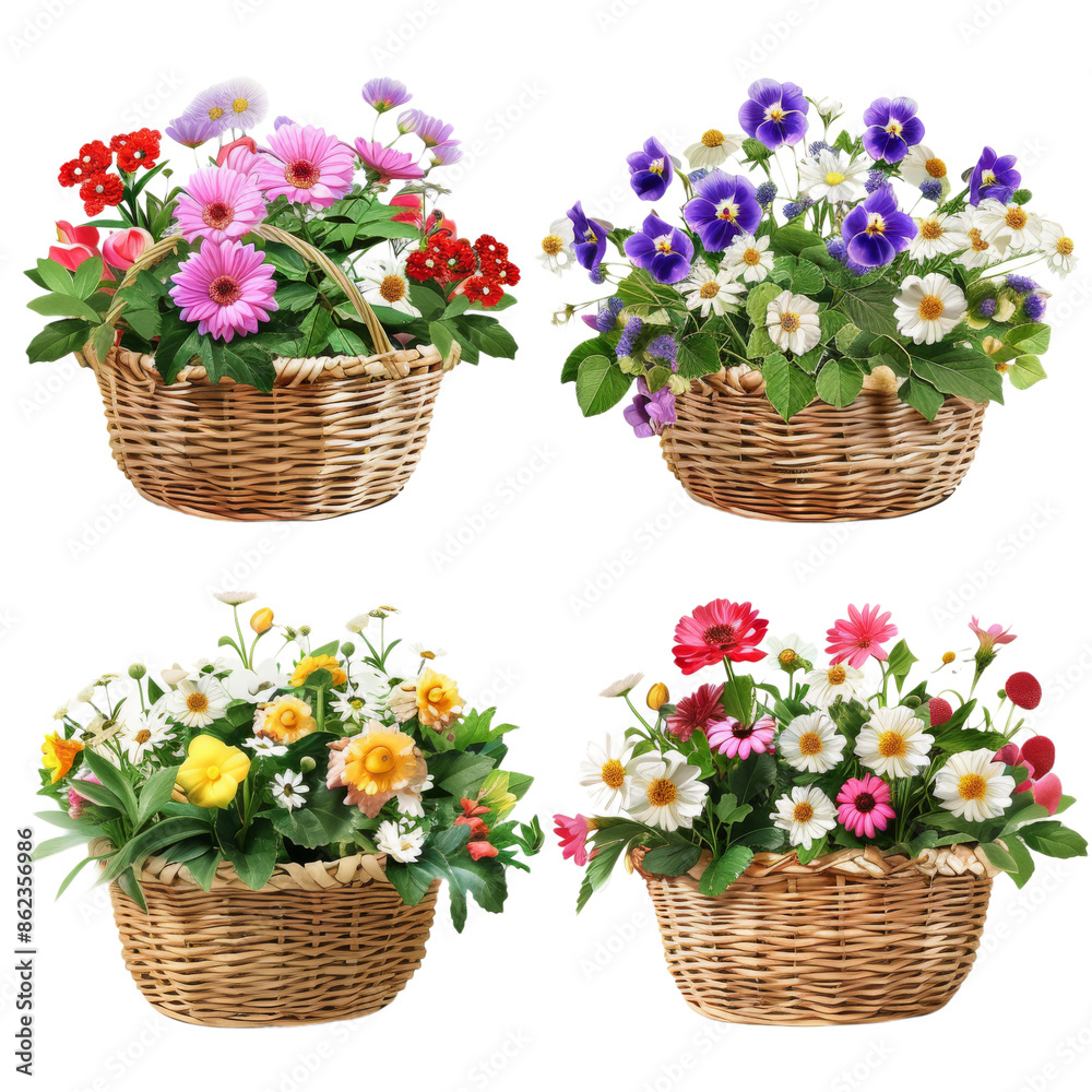Exquisite Mixed Bloom Baskets: A Harmonious Array of Complementary Flowers and Leaves - Isolated on White Exquisite Mixed Bloom Baskets: A Harmonious Array of Complementary Flowers and Leaves - Isolated on White