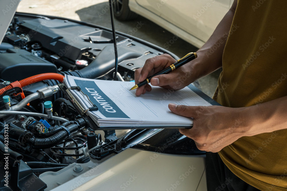 A businessman stands next to his damaged vehicle after an accident, holding a clipboard and examining the scene. An insurance agent arrives to assess the damage and start the claim process. A businessman stands next to his damaged vehicle after an accident, holding a clipboard and examining the scene. An insurance agent arrives to assess the damage and start the claim process.