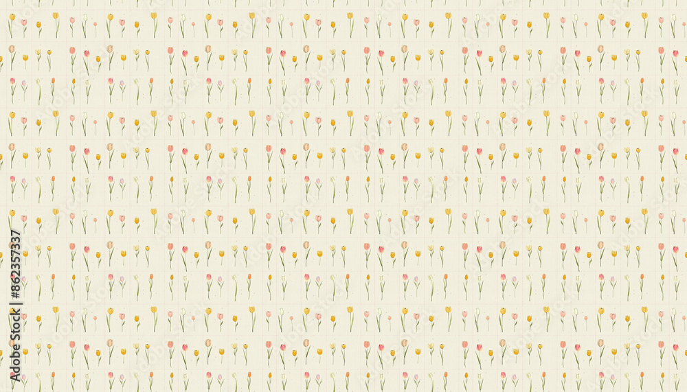 A pattern that features small flowers in square grid in pastel colors on cream linen fabric, each grid contains one tulip from various varieties