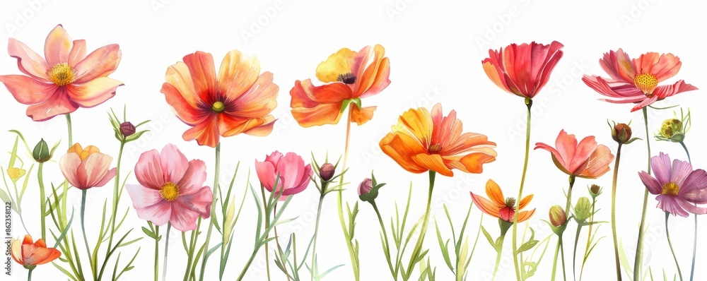 Fototapeta premium Colorful wildflowers illustration on white background