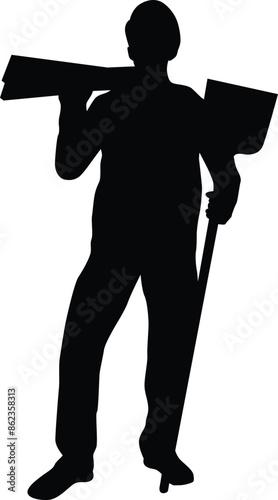 Construction worker silhouette illustration. Men doing outdoor activity. Construction worker pose wearing safety helmet