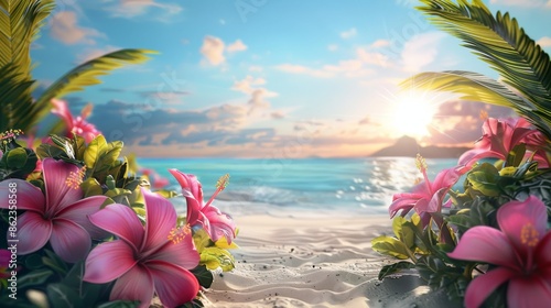 Tropical Beach SceneColorful Flowers and Ocean Background photo