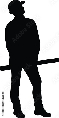 Construction worker silhouette illustration. Men doing outdoor activity. Construction worker pose wearing safety helmet