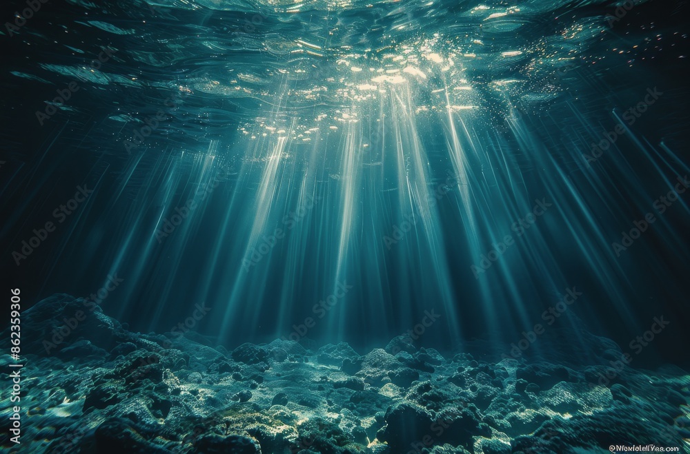 Obraz premium Underwater Sunlight Beams Through Ocean Cave